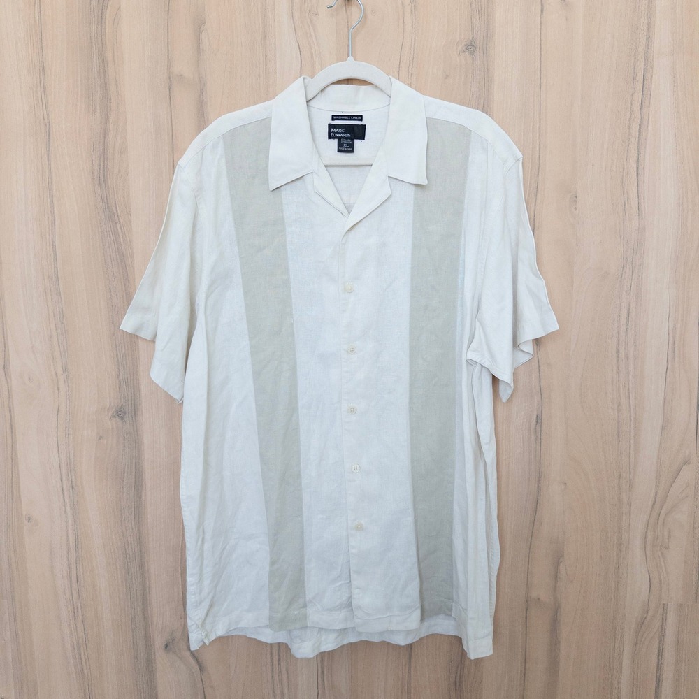 Marc Edwards Mens Linen Shirt XL Cream Short Sleeve Guayabera Resort Camp Collar